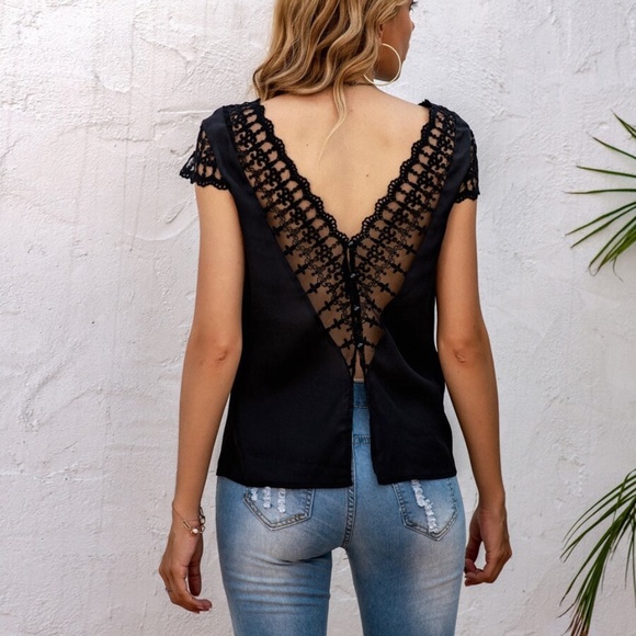 black boho v back lace button cap sleeve top - Picture 2 of 5